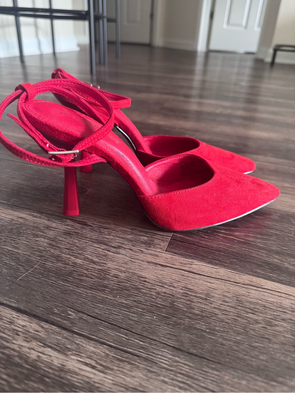 Shoe Dazzle Red Suede Pointed-Toe Ankle-Strap Heels